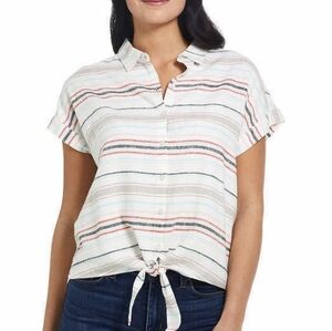 Weatherproof Vintage Washable Linen Blend Stripe Tie Front Shirt XL